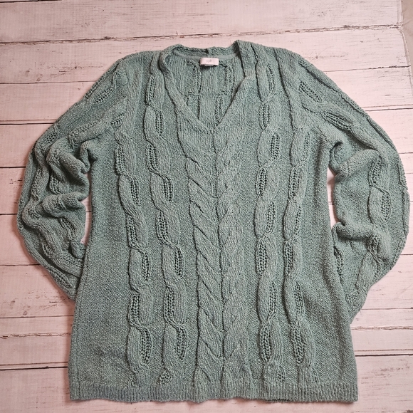 J Jill Sage Green Cable Knit V Neck Size Medium - Picture 2 of 8